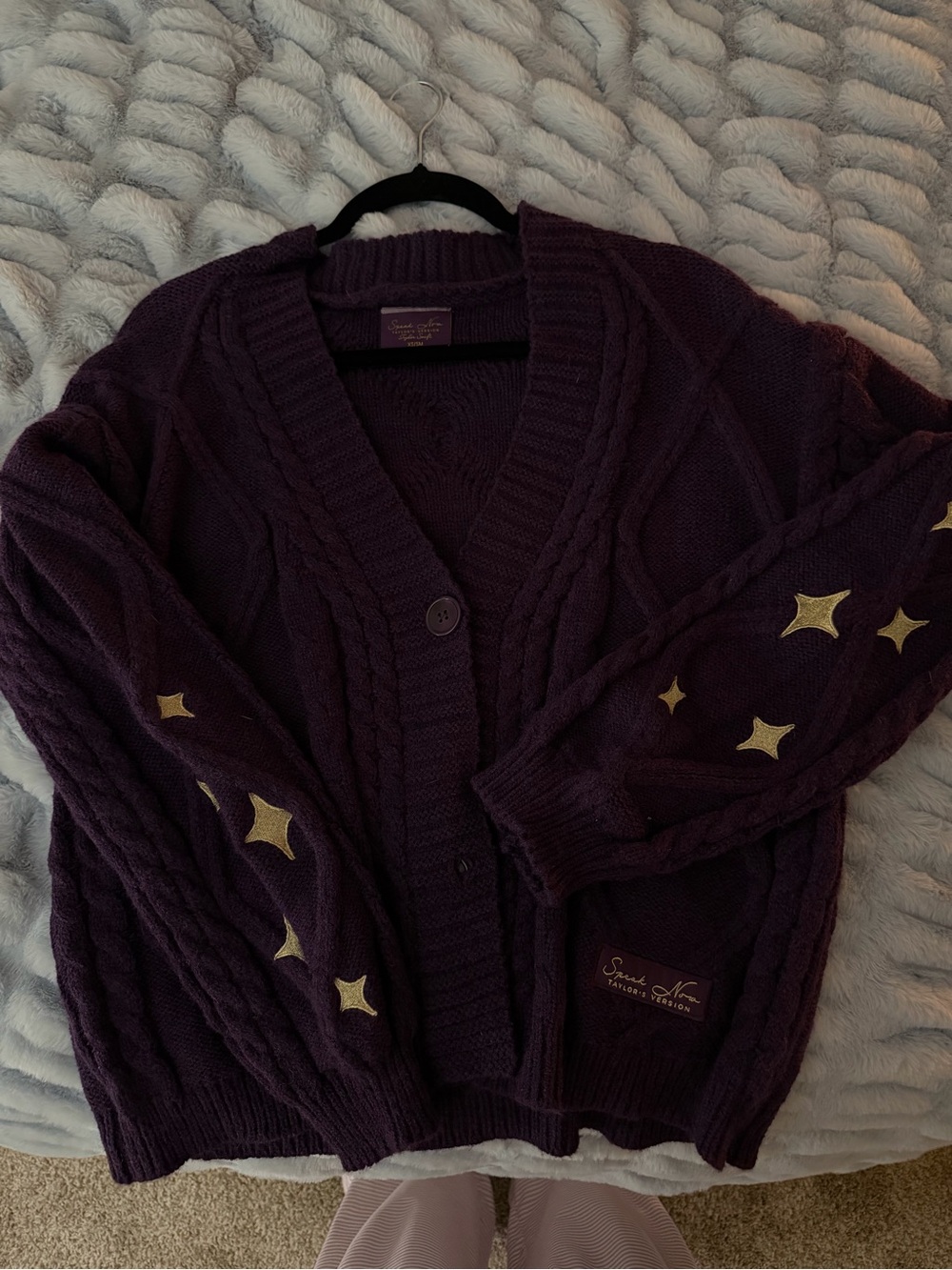 Taylor Swift Deep Plum Cable-Knit Cardigan with Gold Star Accents